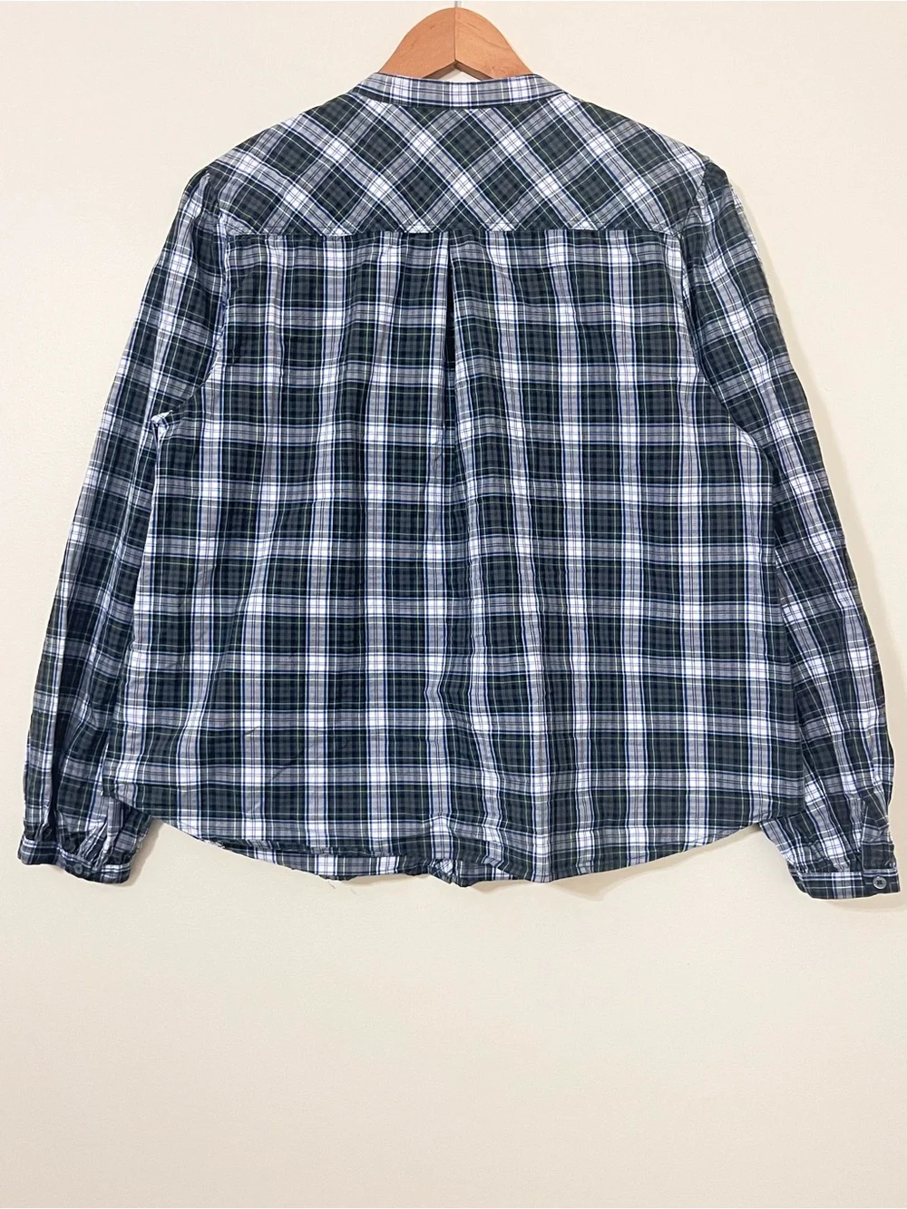 J. Crew Black, White & Blue Plaid Ruffle-Front Button-Down Women’s Shirt Size L